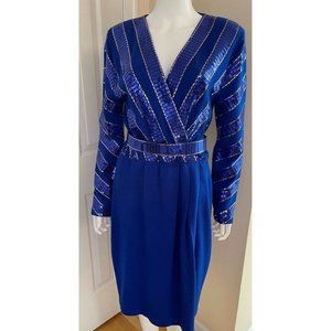 Fab! St. John Marie Gray Santana Knit Blue dress with sequins belt size 12